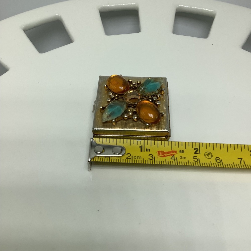 Vintage Gold Tone Pill Trinket Box Orange Turquoise Jeweled Square Box w/ Insert - Picture 12 of 12